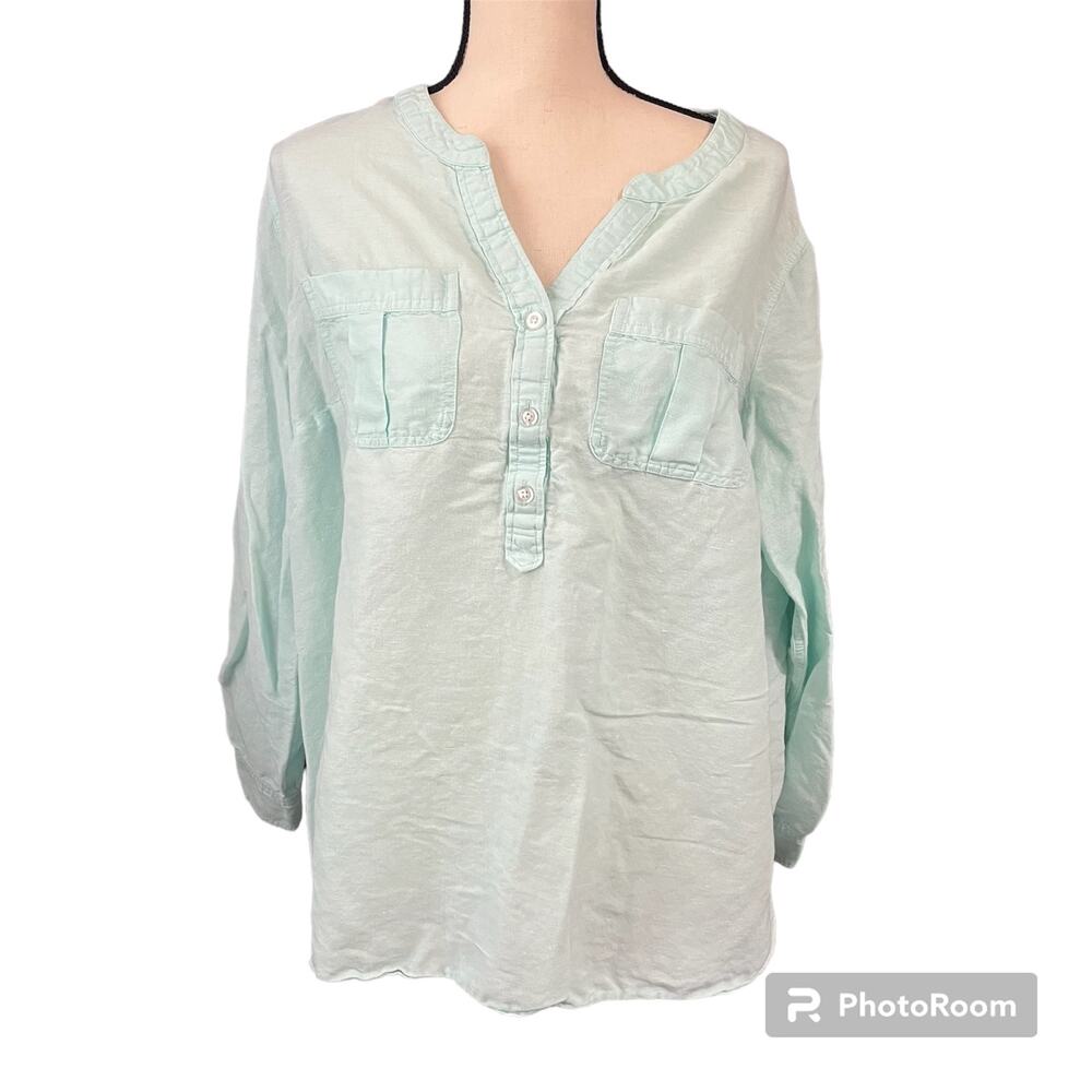 Talbots Women's Mint Green Linen Blend Pop Over Roll Tab Blouse Sz 1X Beachy